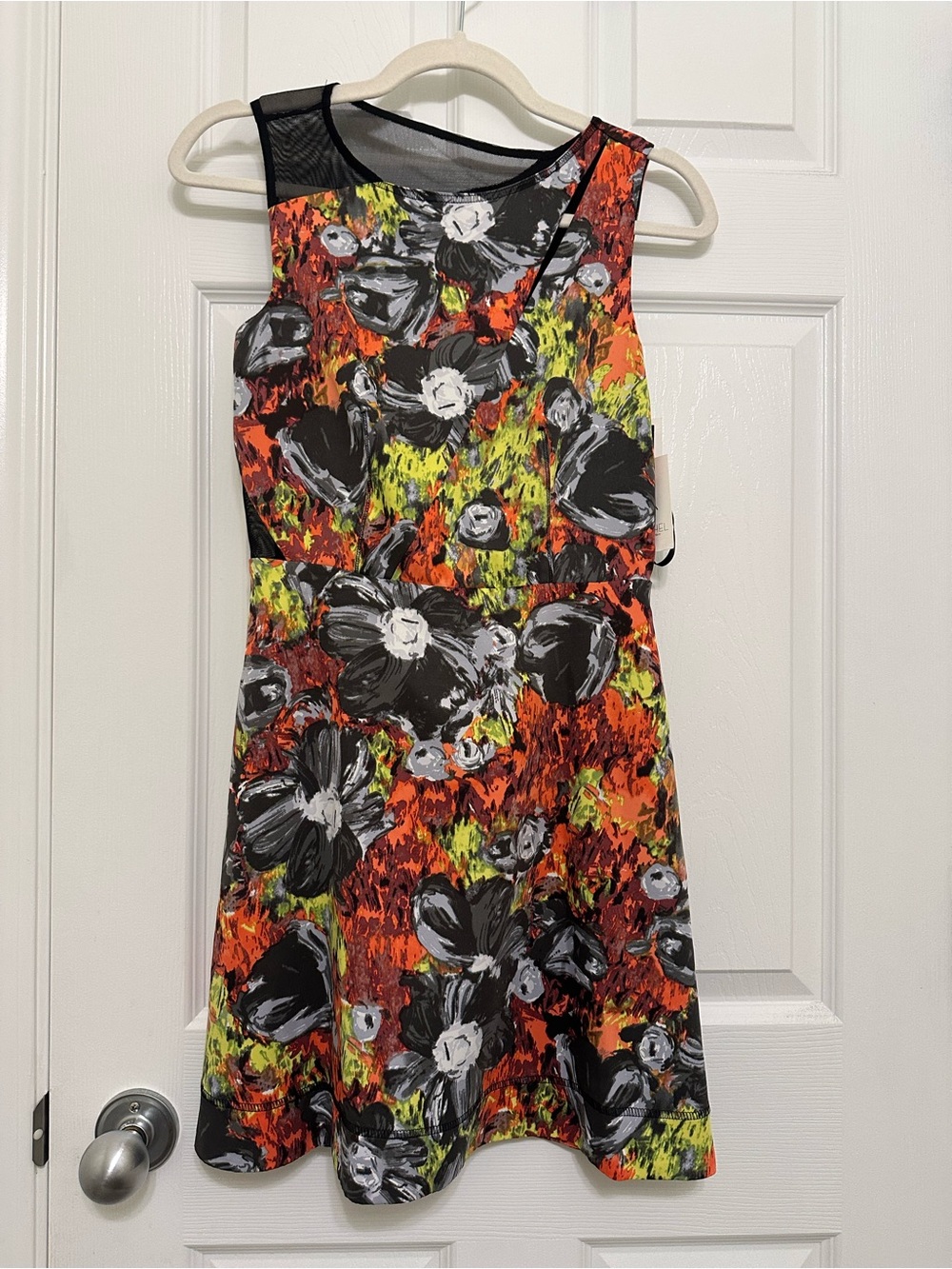 Rachel Roy Floral A-Line Mini Dress in Orange, Black and Yellow-Green